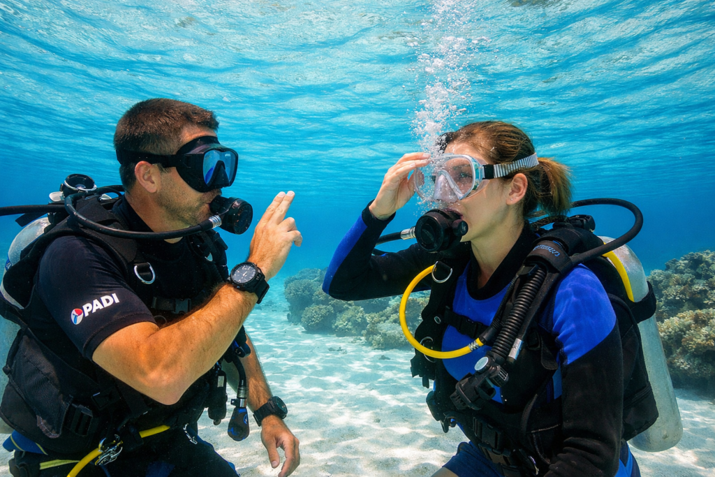 A clear photo of a PADI instructor and student performing a "mask clear" skill in shallow turquoise water.